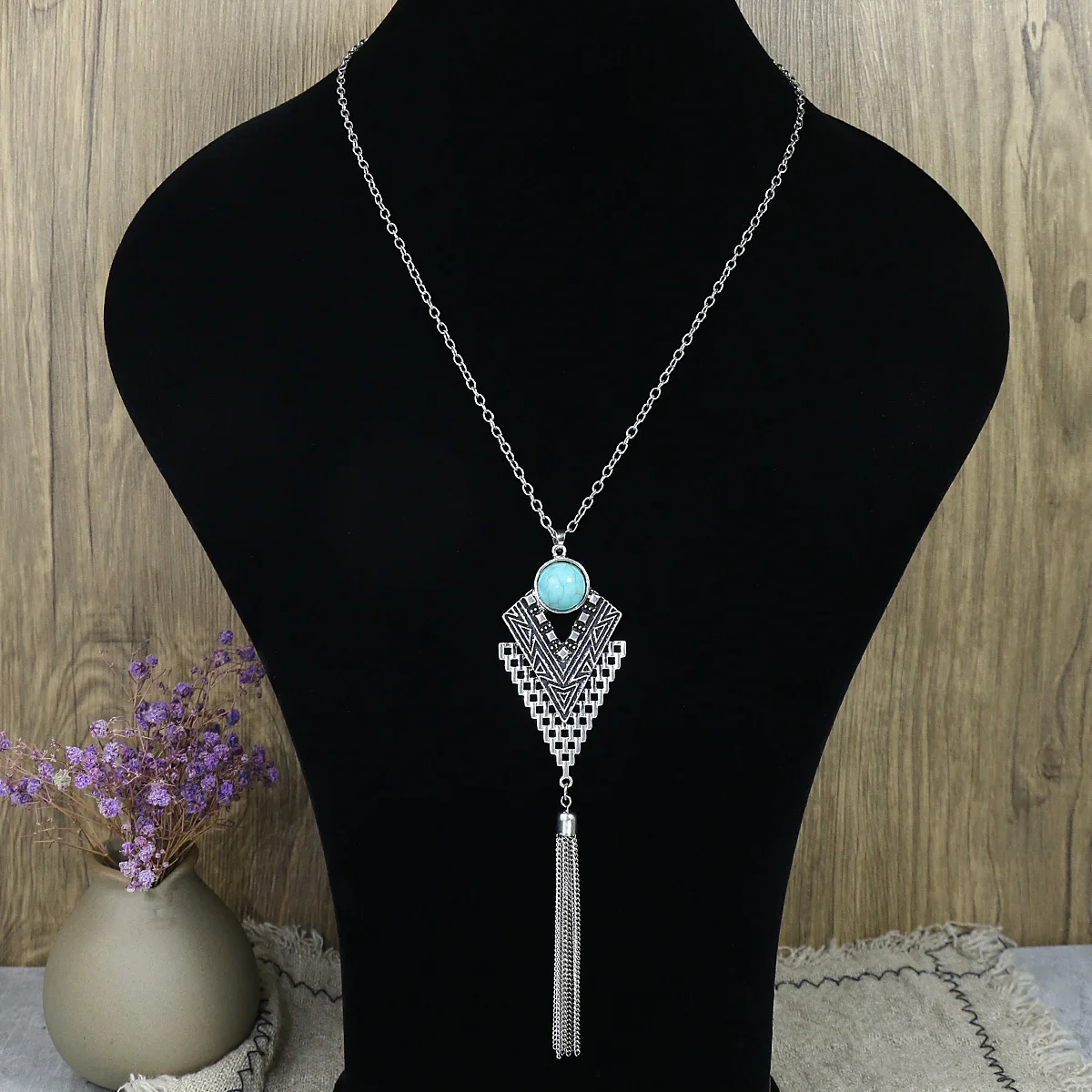 Ethnic Blue Stone Retro Chain Tassel Long Necklace Earring Turkish Gypsy Silver Color Geometric Carved Necklace for Women Party