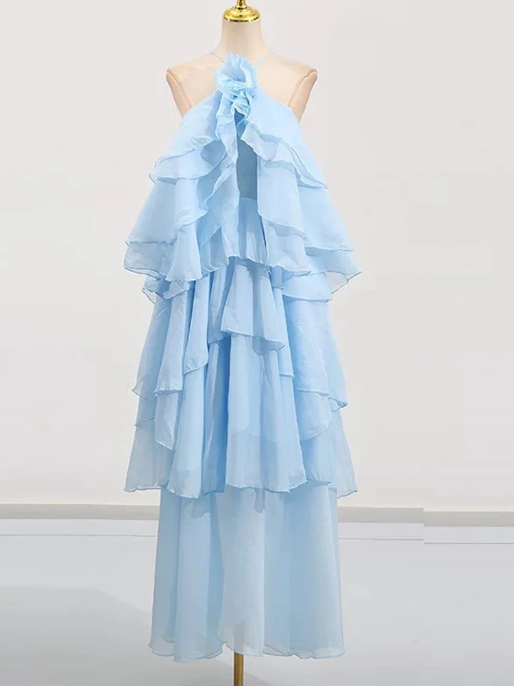 Temperamentnähte Rüschenkleid 2025, Sommerfrauen neues dreidimensionales Blumenkleid mit hängendem Hals, rückenfreiem Rüschenkleid