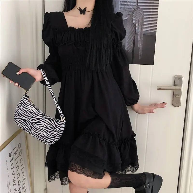 

Vintage Sweet Puff Sleeve Mini Dress Spring Autumn Square Collar Shirring Women's Clothing Fashion Lace Patchwork A-Line Dresses