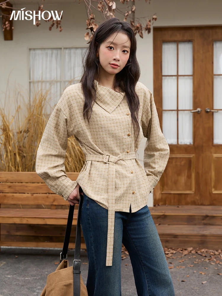 

MISHOW Women Casual Shirt 2025 Autumn Winter Fashion Belt Design Asymmetrical Retro Long Sleeves Shirt Women Clothes MXE88C2417