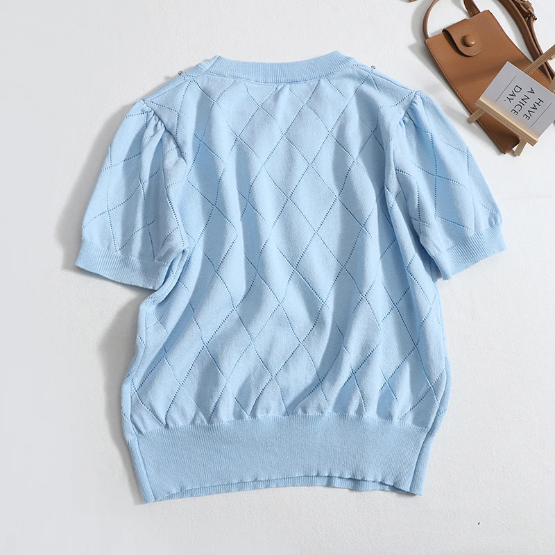 Fashion Nail Drill Short Sleeved Knitted Shirts Summer Women Round Neck Solid Color Pullover Tees Ladies Thin Knitwear