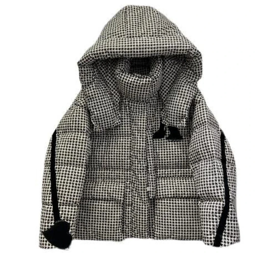 Europe stationHoundstooth Hooded Puffy Coat Women Winter Down Coats Warm Outerwear White Duck Down Jackets Warm Coat Female