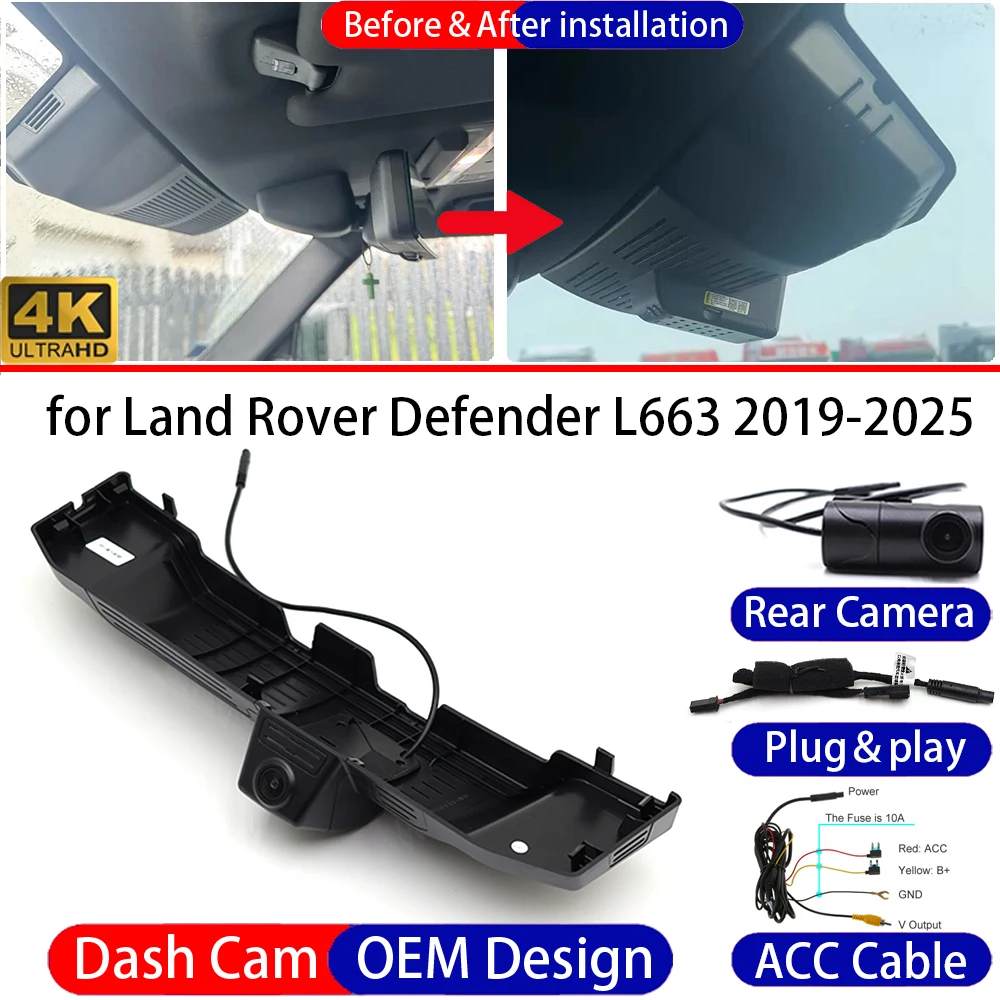 Dash Cam for Land Rover Defender L663 2019 2020 2021 2022 2023 2024 2025 Front Rear 4K Car DVR Driving Recorder Dashboard Camera