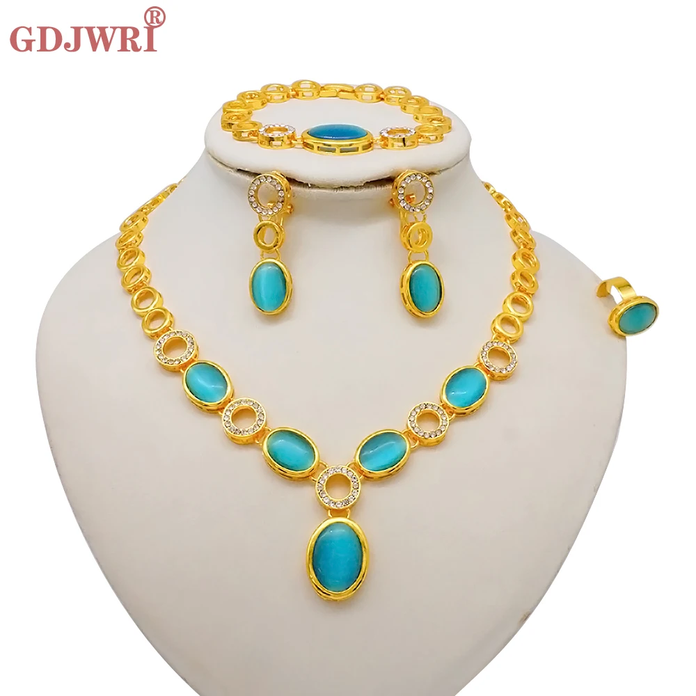 Luxus Dubai Gold Farbe Doppels chicht Halskette Schmuck Sets für Frauen afrikanischen Wasser tropfen Kristalls chmuck indischen Set Geschenke – Detail 29