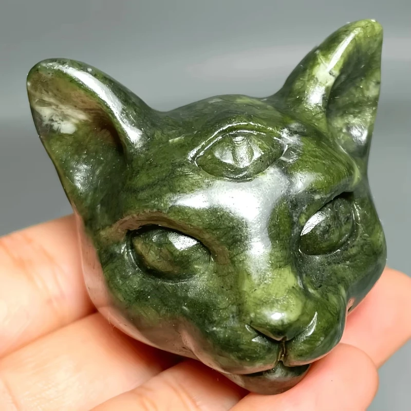 Natural Serpentine Artificial Crystal Cat Figurine, Exquisite And Unique Adorable Cat Head Carving, Artificial Crystal