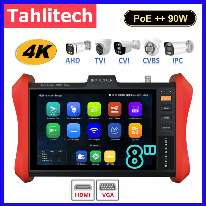 

4K HD IP Camera Tester Monitor 4K H.265 IP 8MP AHD/TVI/CVI CCTV Camera Tester 8 inch POE++ 90W SFP HDMI & VGA input Cable Teste