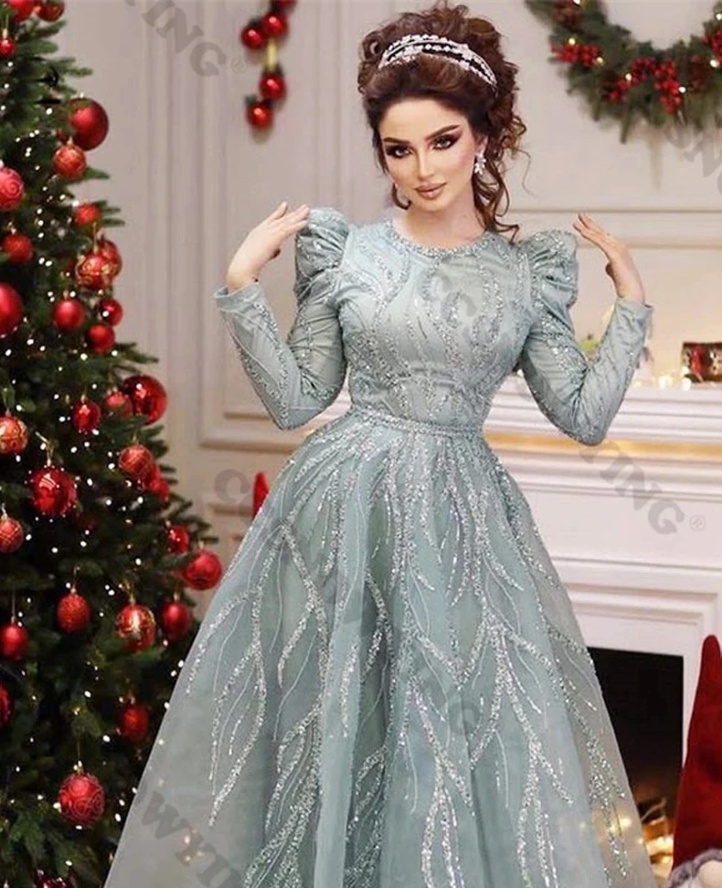 Full Sleeve Muslim Evening Dresses Tulle Appliques Beaded Hijab Islamic Formal Party Gown Arabic Dubai Women Robe De Soiree