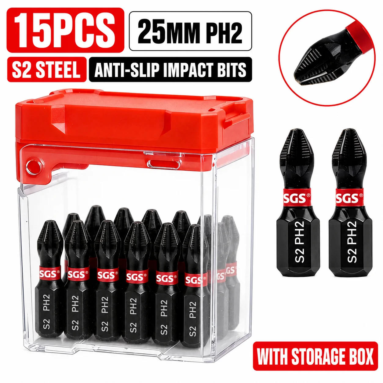 15/30-teiliges PH2 25mm Anti-Rutsch-Schlagschrauber-Bit-Set, S2-Stahl Phillips-Schlagbohrer-Bits mit Aufbewahrungsbox für Elektrobohrer – Detail 1