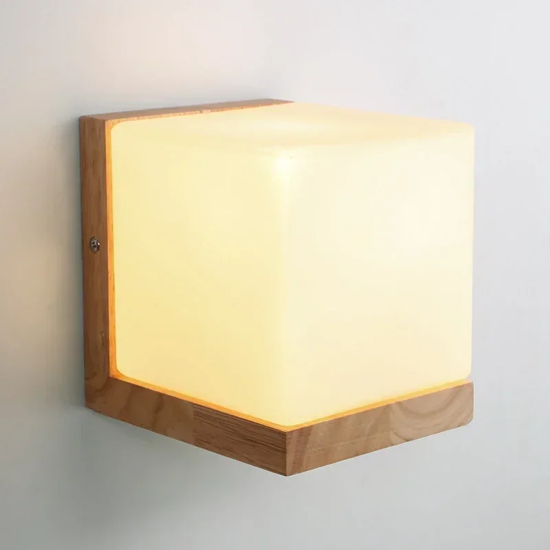 Modern Oak Wood Cube Sugar Shade Wall Lamp Bedroom Wooden Glass Wall Sconce Bedside Wall Light Bathroom Fixtures Home Lighting