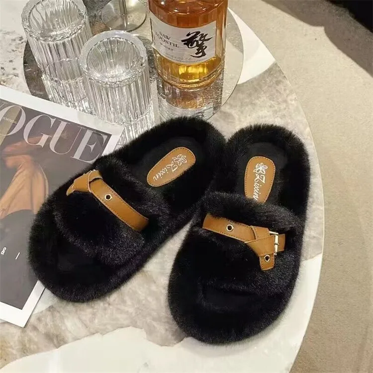 Chinelos peludos de algodão feminino, estilo alça dupla, sapatos novos da moda, para casa, outono e inverno