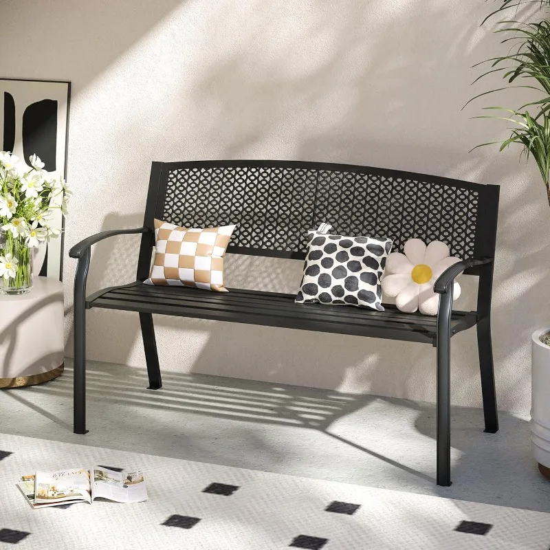 

VICLLAX 50” Outdoor Garden Bench with Armrests and Backrest, Waterproof Patio Metal Bench for Park, Porch, Round Pattern Back