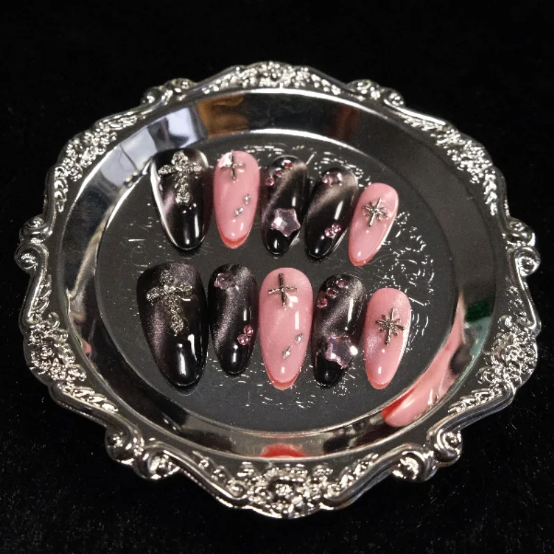 

10PCS Y2k Almond Handmade Press on Nails Black Cat Eye Sweet Cool Pink with 3D Star Decor False Nails for Spice Girls Ins Nails