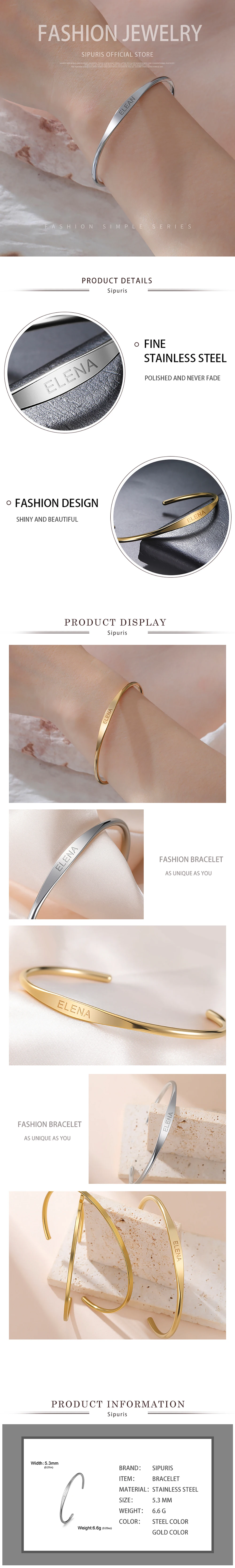 Sipuris Personalisiertes Armband mit Namen, Text und Datum aus Edelstahl, Korrosionsbeständiger Schmuck für Hochzeiten, Geschenke, Großhandel – Detail 6