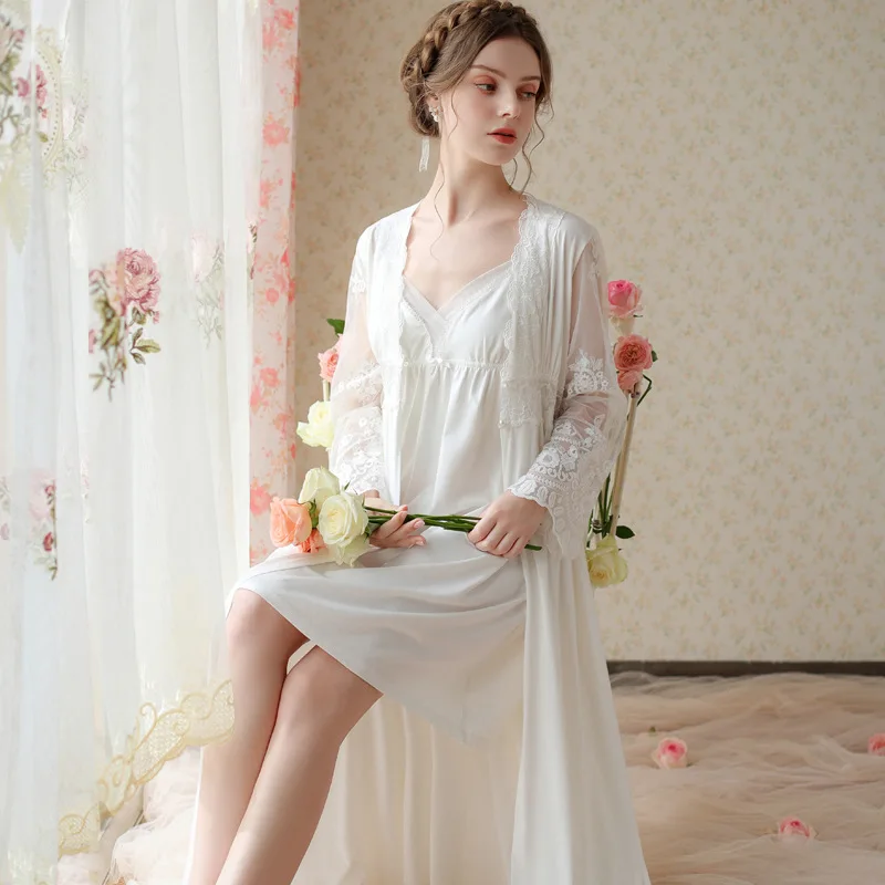 

Lady Sexy Nightdress Court Princess Pajamas Two-piece Robe Sets Cotton Suspender Long Nightgown Retro Lace Embroidery Bathrobe