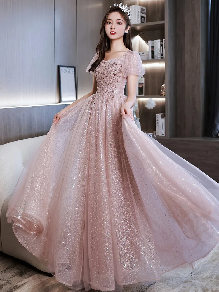 French Elegant Square Neck Evening Dress Delicate Beaded Sparkling Sequined Tulle Floor-length Graduation Gowns For Women