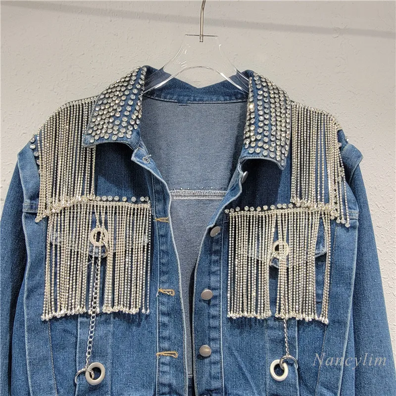 Dames Korte Design Denim Jas 2024 Nieuwe Losse Afslankende Zware Werk Strass Kwastje Handgemaakte Kralen Jean Jasje Mode Top