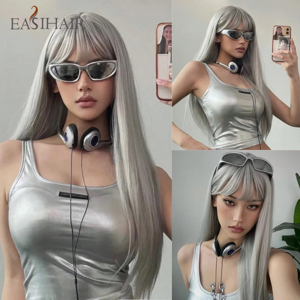 EASIHAIR Lange seidige gerade synthetische Perücken mit Pony, schwarze Cosplay-Party-Lolita-Haarperücken für Frauen, natürliche hitzebeständige Perücke