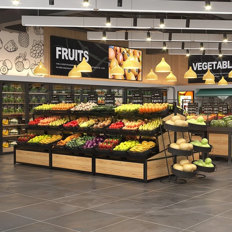 معدات السوبر ماركت، أسعار الفواكه والخضروات مناسبة، سلال معلقة، مع سلال، وحامل عرض الطعام الطازج