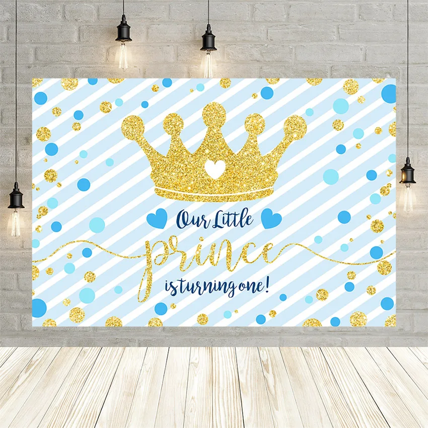 

Mehofond Blue Stripe Photography Background Our Little Prince is Turning One Decor Gold Crown Backdrop Photo Studio Photophone