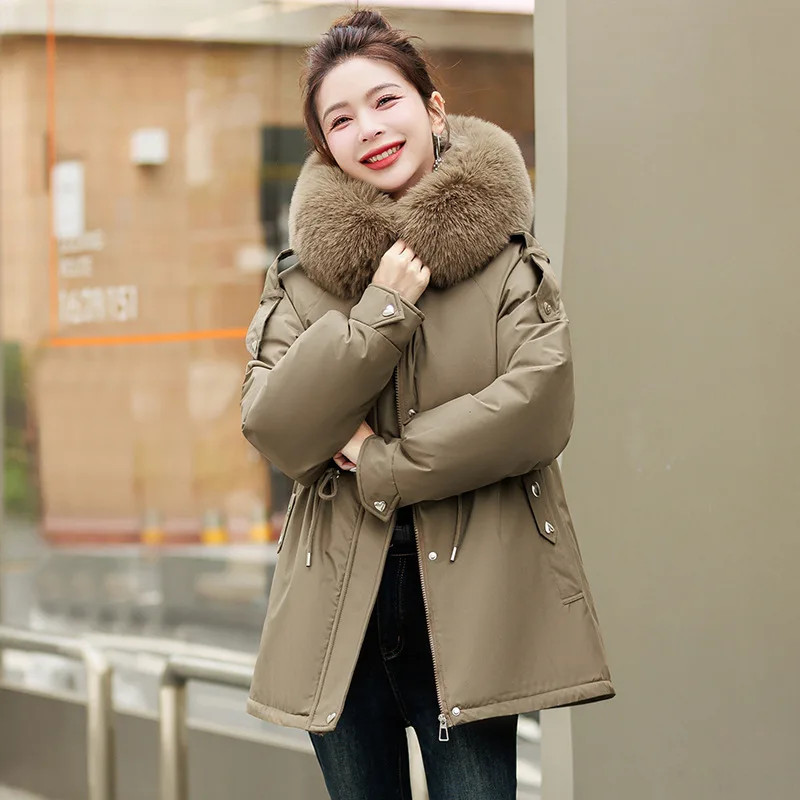 

Зимняя парка 2024, новая женская куртка, одежда средней длины, пальто с шерстяной подкладкой, куртка с капюшоном, меховой воротник, толстая теплая зимняя одежда, модная парка