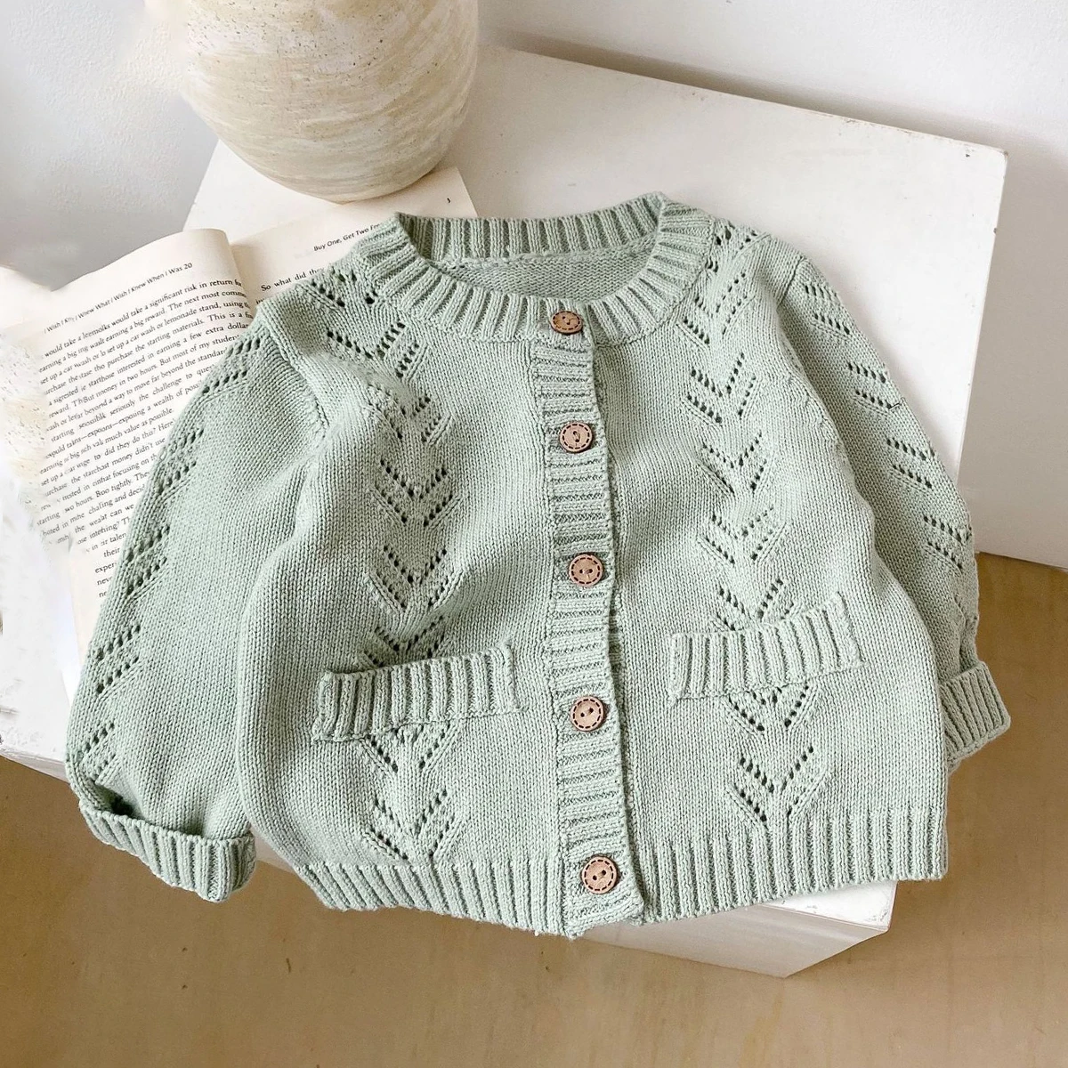 Instagram Spring and Autumn Wear 0-3 Year Old Baby Sweater New Fashion Item Solid Color Sweater Versatile Cardigan Hollow Knitte