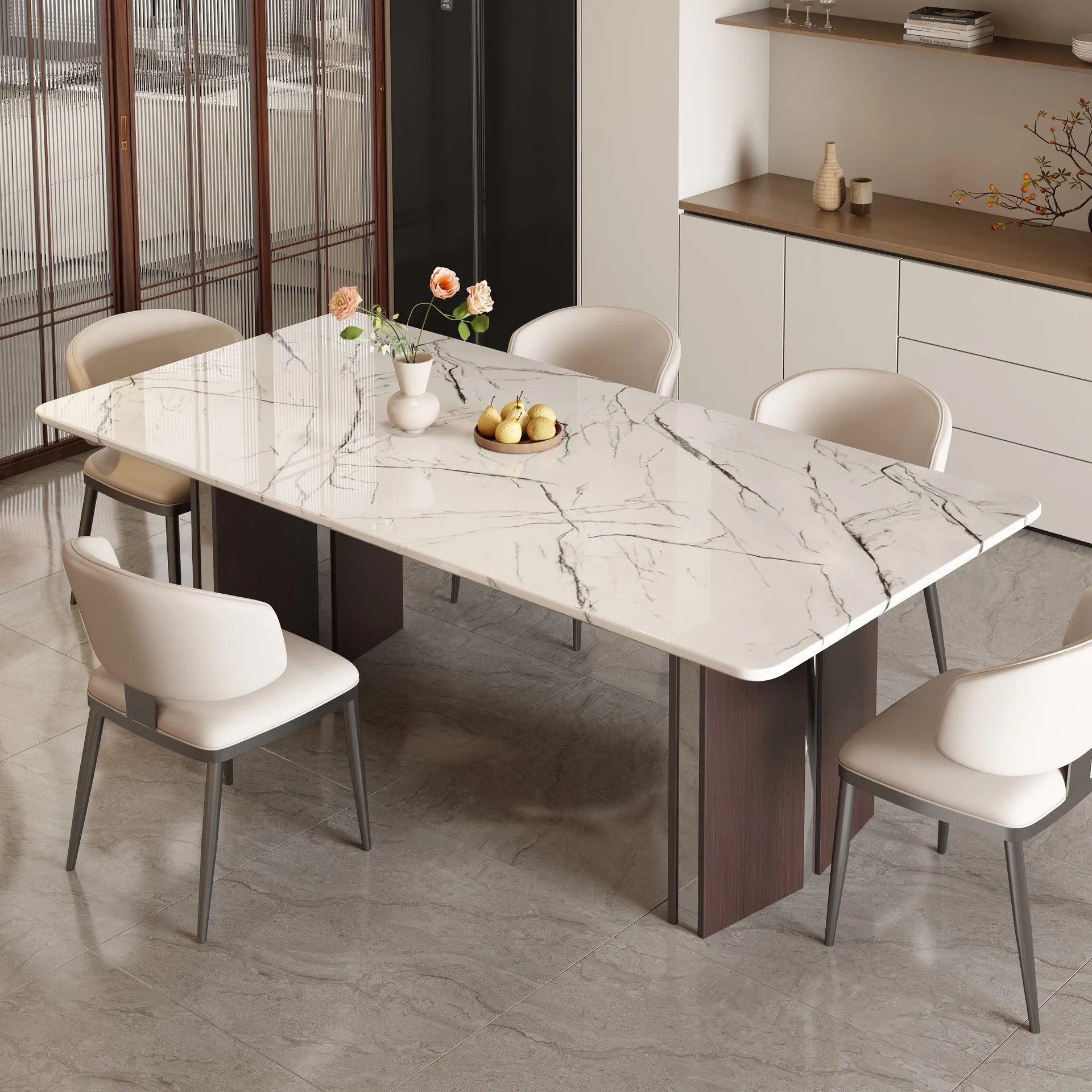 Fish belly fine white marble rectangular dining table large apartment light luxury high-end home