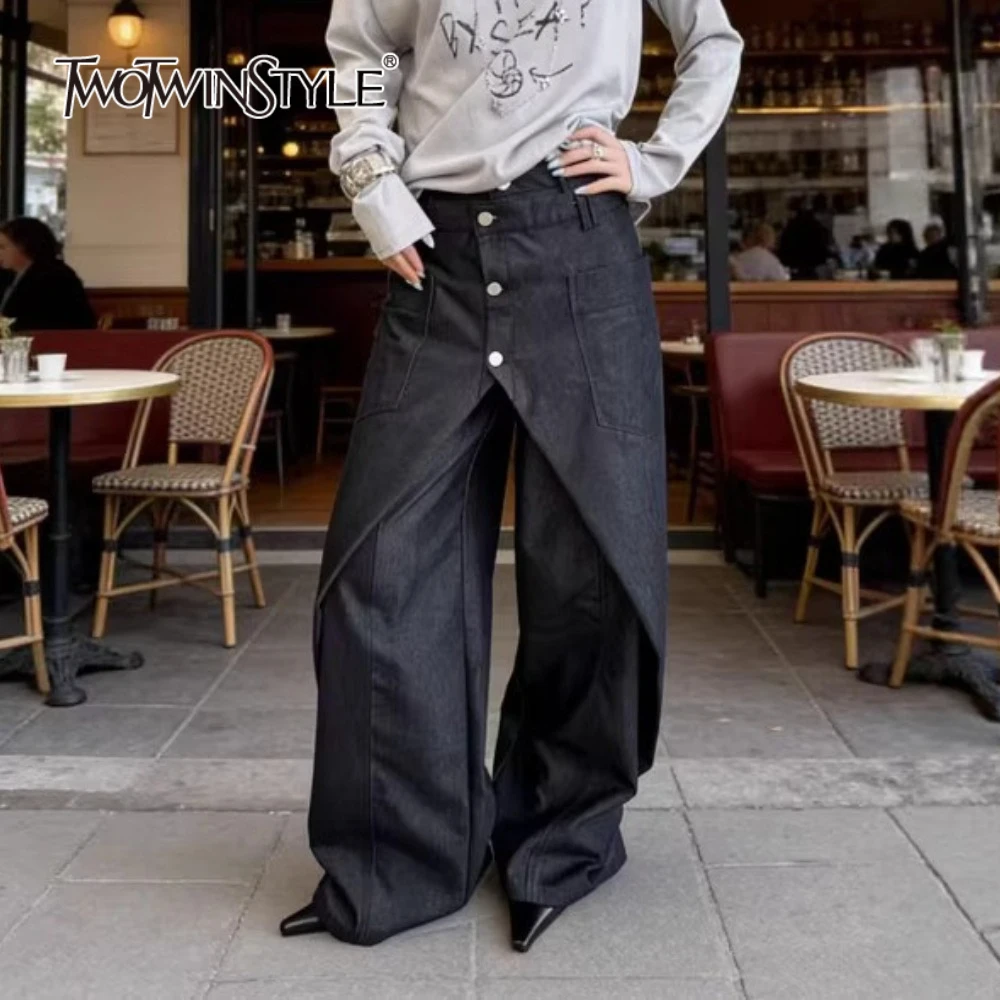 

Брюки женские TWOTWINSTYLE Design Sense с широкими штанинами, свободного кроя, с накладными карманами, высокой талией, в стиле пэчворк, винтажные, с декоративными элементами на задней части