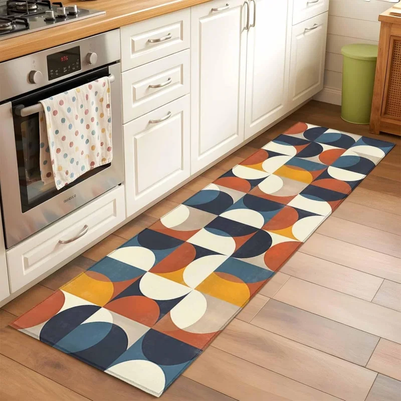 Mid Century Colorful Half Circle Runner Rug Retro Geometric Print Non Slip Floor Mat Modern Kitchen Bedroom Decor Carpet