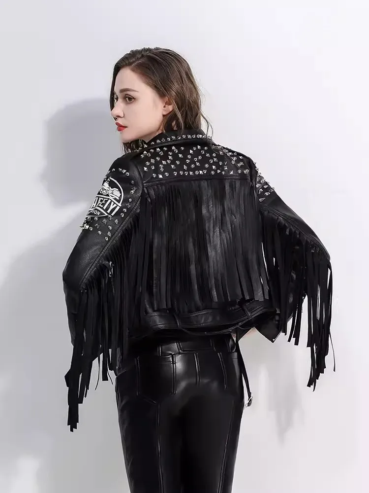 Slim-fit Short Punk Studded Fringed Leather Jacket Women 2024 New Streetwear Black Faux Leather Harley Motorcycle Jacket XXXL