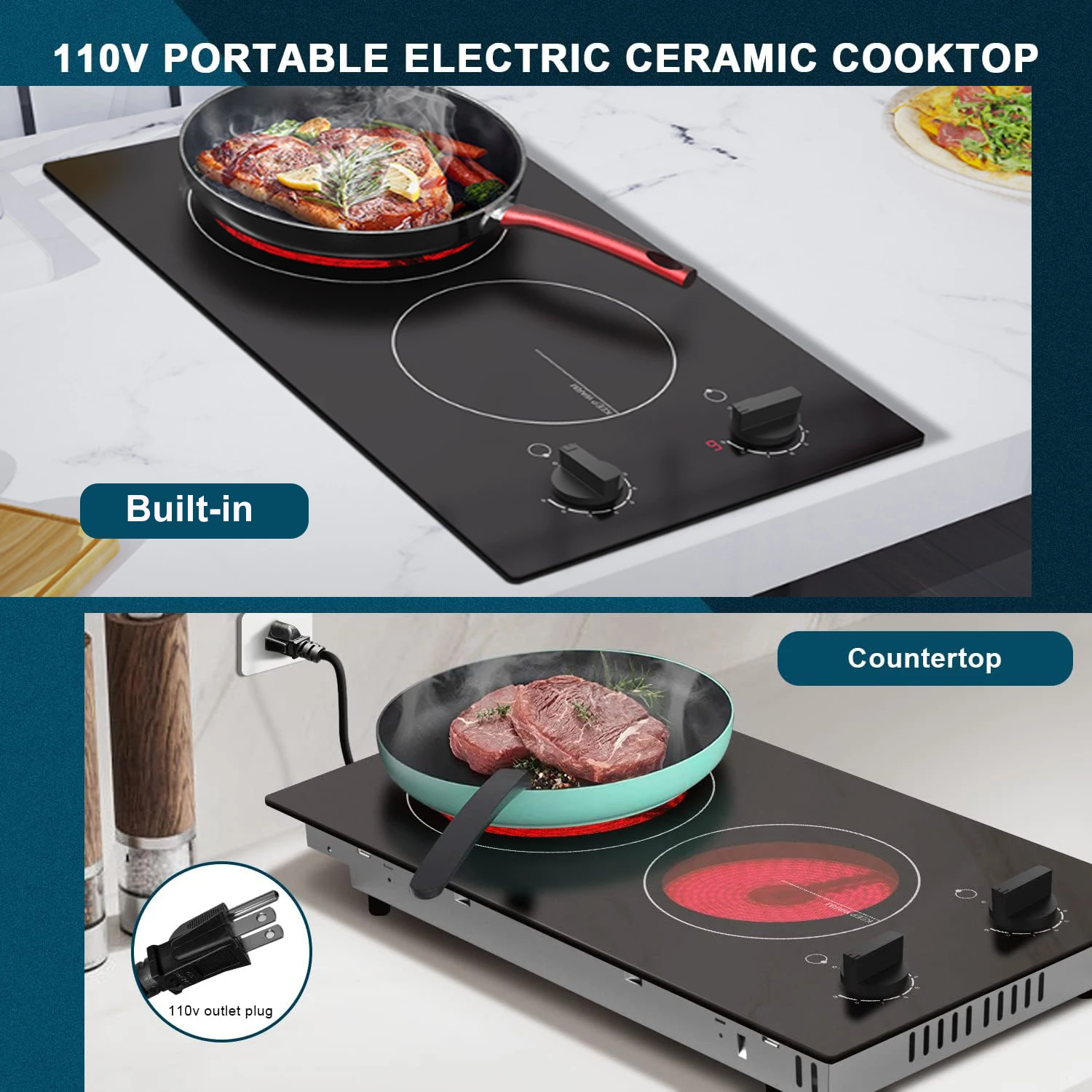 Karinear เตาไฟฟ้า2หัว110V, หม้อต้มไฟฟ้า12 ''พร้อมปลั๊ก, เคาน์เตอร์ควบคุมลูกบิดและเซรามิกในตัว