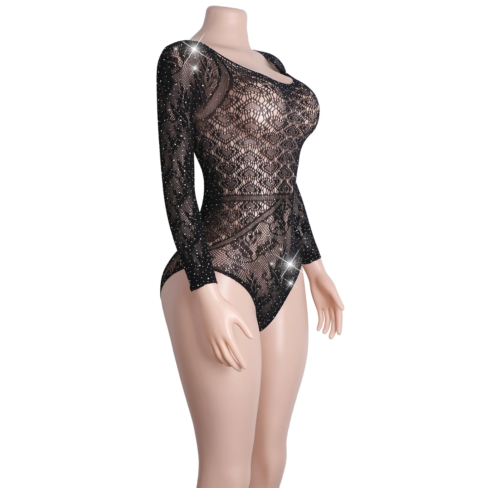 フィッシュネットラインストーンTバックボディスーツ袖柄ダンスウェアエキゾチック女性用衣装セクシーパフォーマンスウェアクラブウェアランジェリー