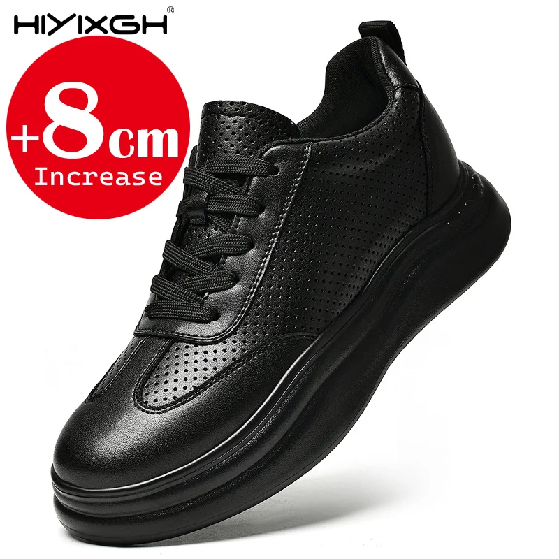 

Men Hidden Heel 8cm Elevator Shoes Breathable Hollow Out White Casual Sneakers Platform Height Increasing Shoes Big Size 38-45