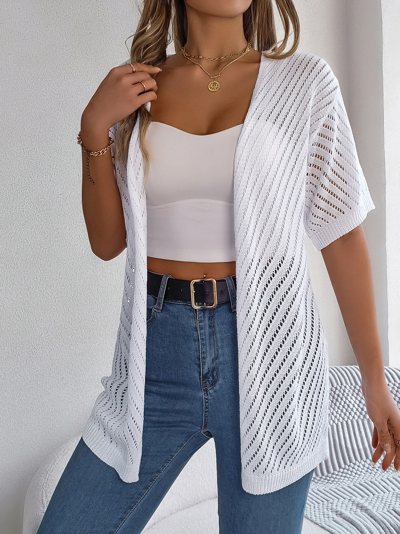 Spring Summer Knitted Cardigan Casual Hollow Out Sun Proof Tops for Women