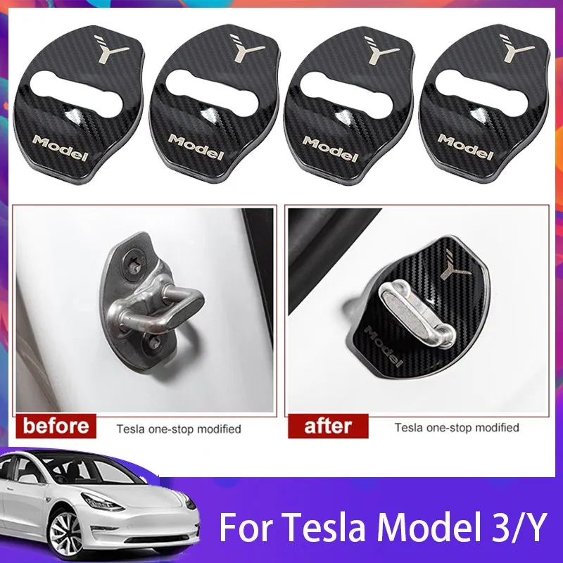 2023 Car Door Lock Cover For Tesla Model 3&Y Protective Guard Stainless Steel Carbon Fiber Car Interior Modification Accessories