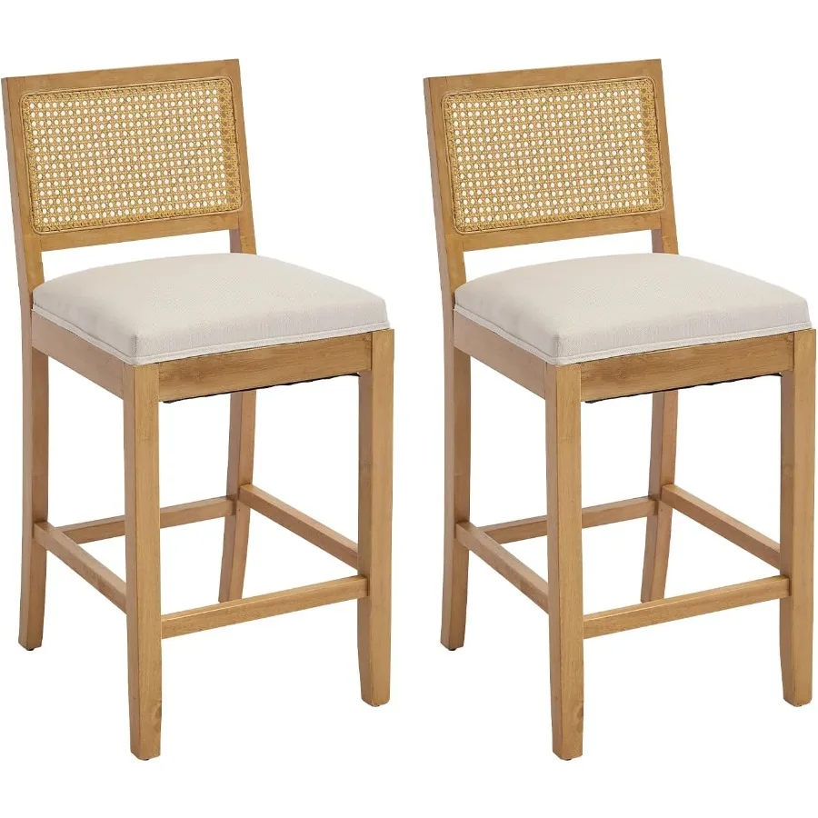 Counter Height Bar Stools Set of 2 for Kitchen Island Use, Rattan Back and Linen Seat in Beige, Comfortable and Stylish