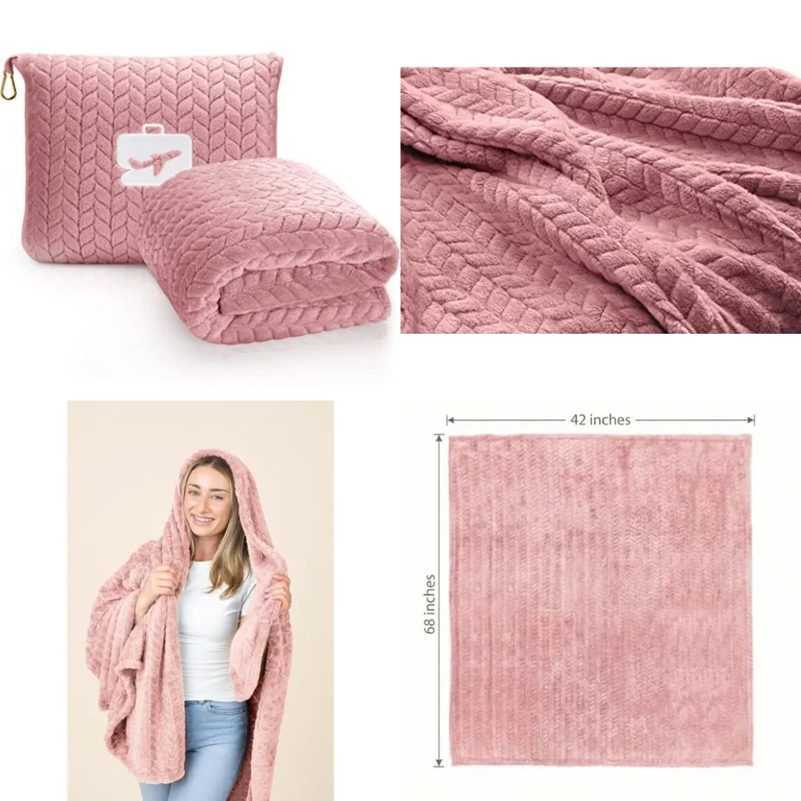 

Travel Blanket Pillow 68x42 - Premium Ultra-Soft Microfleece 2 in 1 Compact Packable Flight Blanket with Soft Bag Pillowcase, H