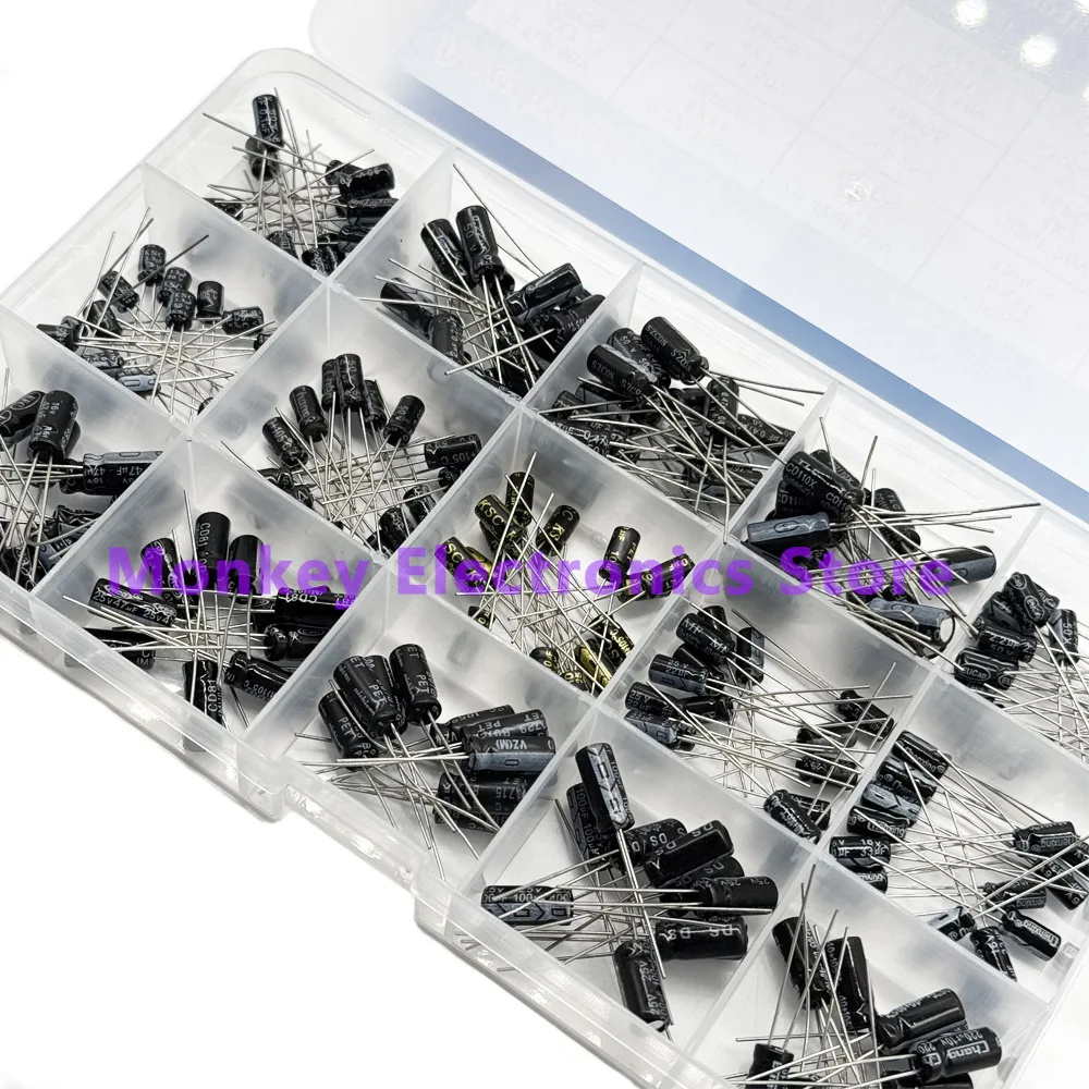 

200pcs/lot Radial capacitors set 15Values 10V 16V 25V 50V 0.1uF-220uF Electrolytic Capacitor Assortment Kit 0.22uf 2.2uf 100uf