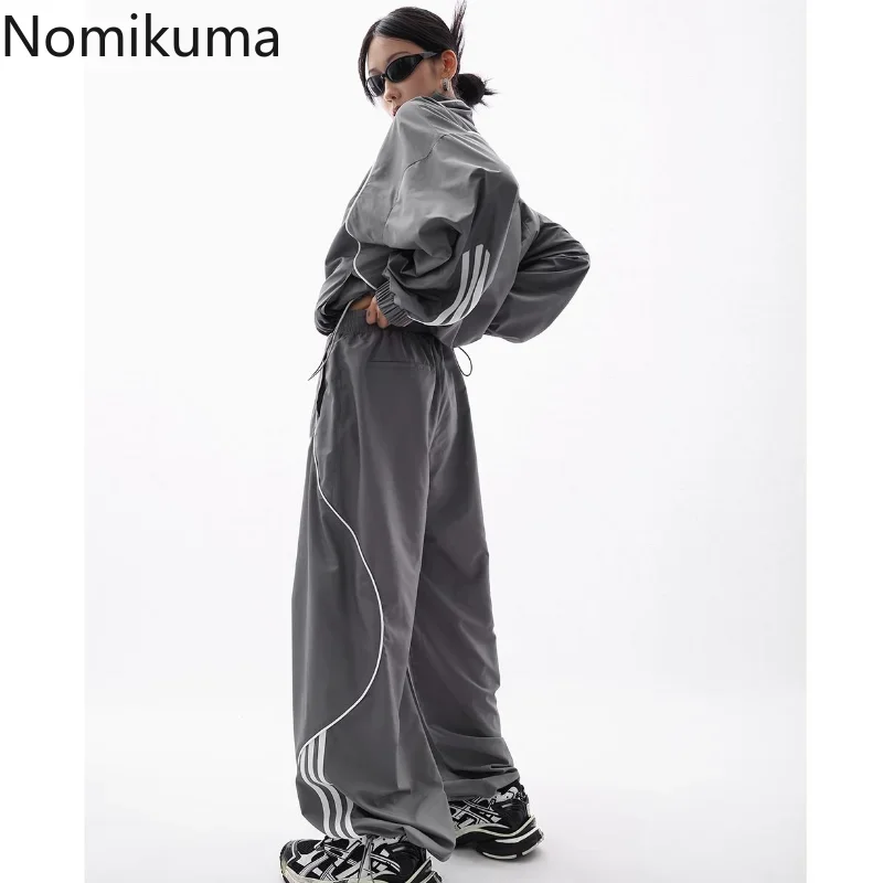 Imagem -05 - Nomikuma Suporte Pescoço Manga Longa Cintura Alta Drawstring Jacket Mais Perna Larga Contraste Calças Harajuku Feminino Rua Dois Conjuntos de Peças