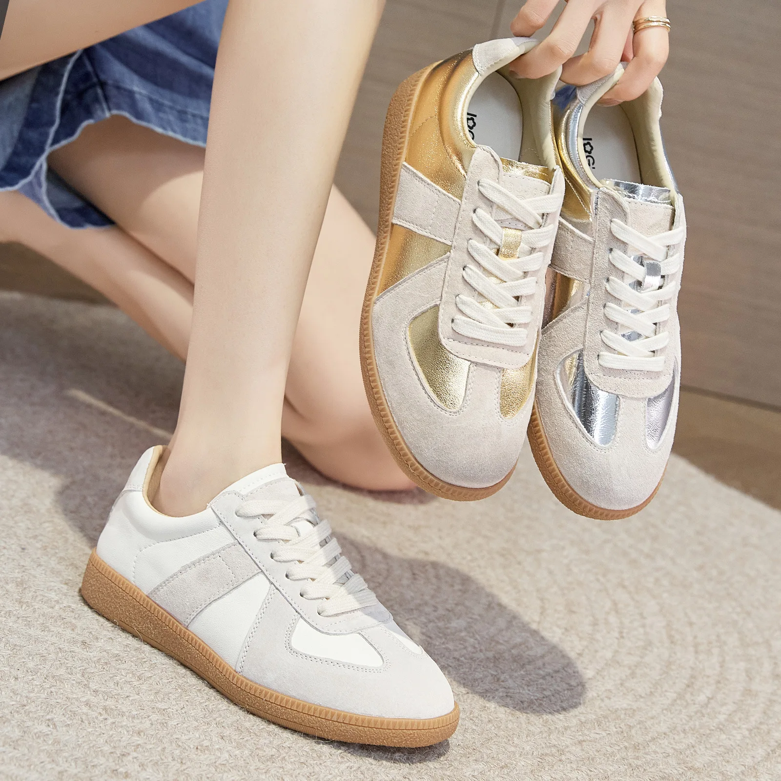 Spring Autumn Fashion Sneakers Women Genuine Leather Shoes Flat Casual Brand Ladies Shoes Gold Silver Beige D122