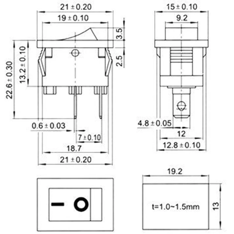 Mini interruptor de botón negro con cubierta impermeable, interruptor basculante de encendido/apagado, 6A-10A, 110V, 250V, 2 pines, 21MM x 15MM, 5 unidades por lote