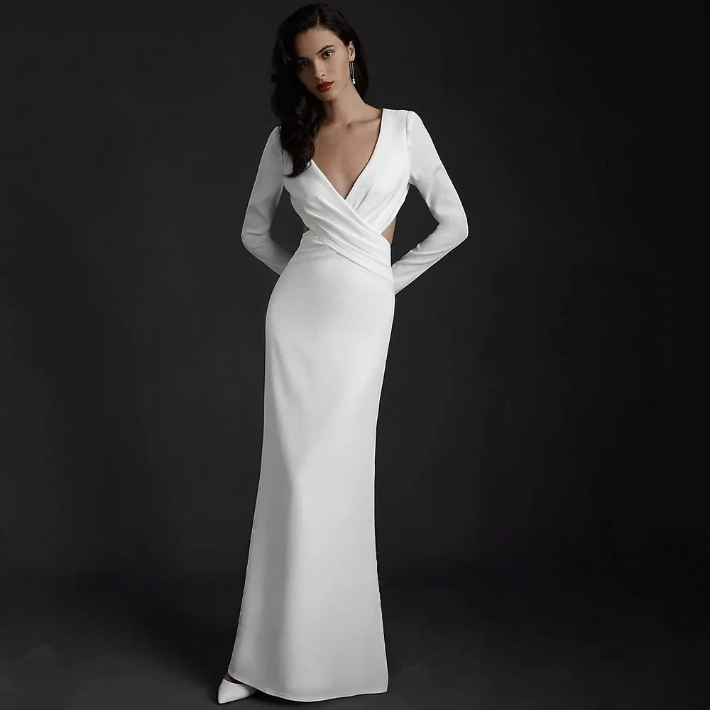 

elegant customizedBanquet socialite evening gownSimple Bare Waist Long Sleeve Wedding Dress Pleat Straight Sexy