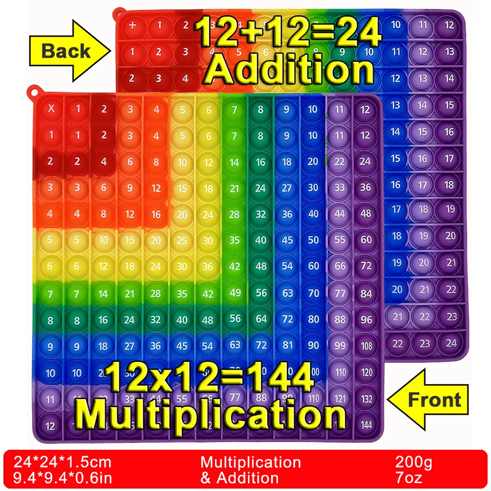 Front 12x12 Back 12+12 Multiplication Addition Both Sides Pop Fidget Toys, Rainbow Colorful Push Bubble Math Educational  Toys