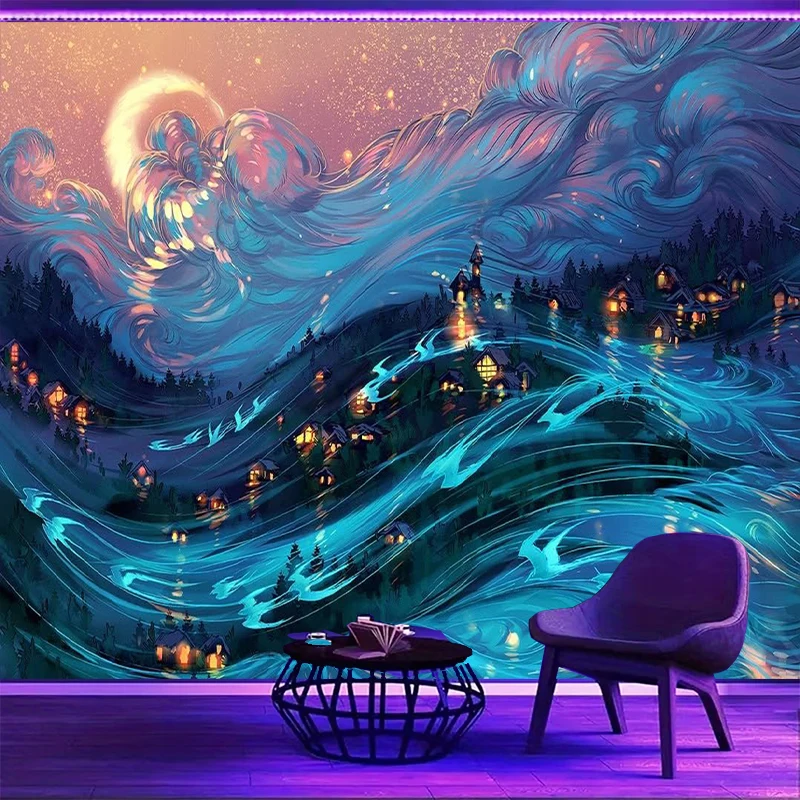 1PC Blue Glowing Art Print Backdrop Banner, Bedroom Living Room Photo Background, Polyester, Home Decor, Wall Art