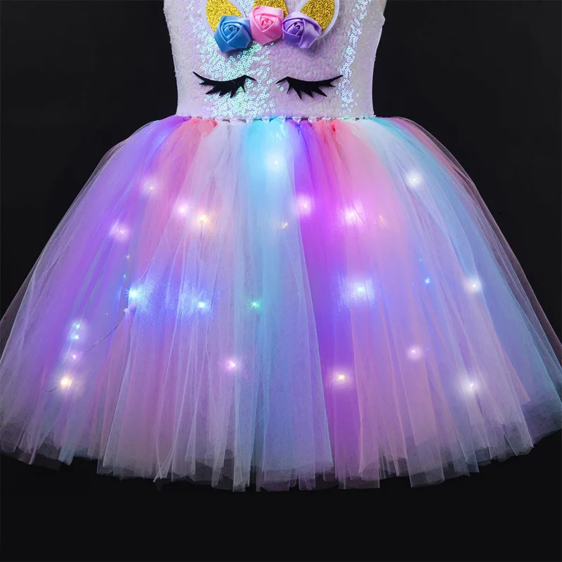 Girls Unicorn Dress LED Light Up Birthday Party Tutu Princess Dress Outfit Halloween Christmas Unicorn Costume for Kids Clothes