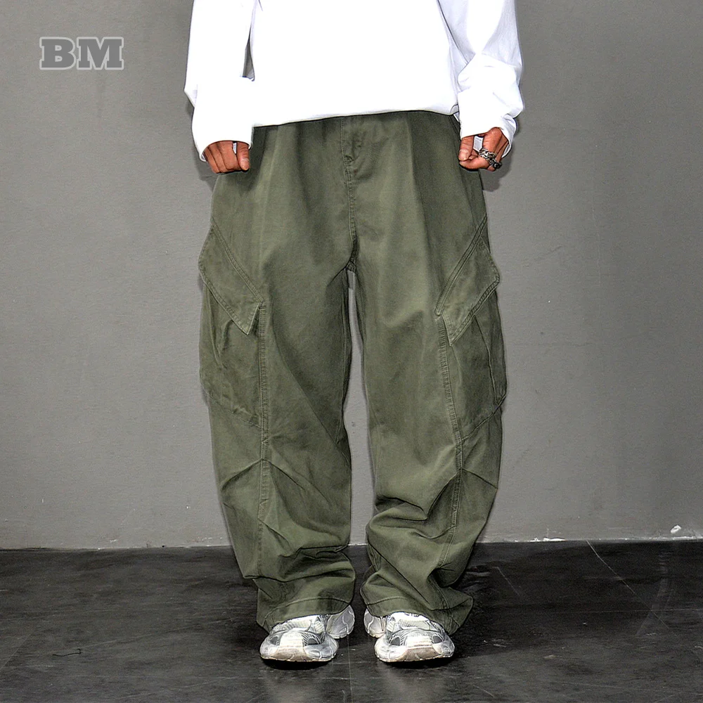 

‌Premium American Vintage Cargo Pants For Men Loose Wide Leg Multi Pocket Casual Outdoor Skate Stacked Long Trousers Trendy‌