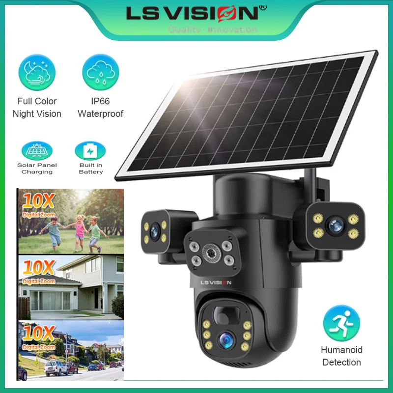 

LS VISION 4G Solar Camera 15MP 8K Outdoor Triple Screen 10X Zoom Waterproof Night Vision Two-Way Motion Tracking WiFi IP Camera
