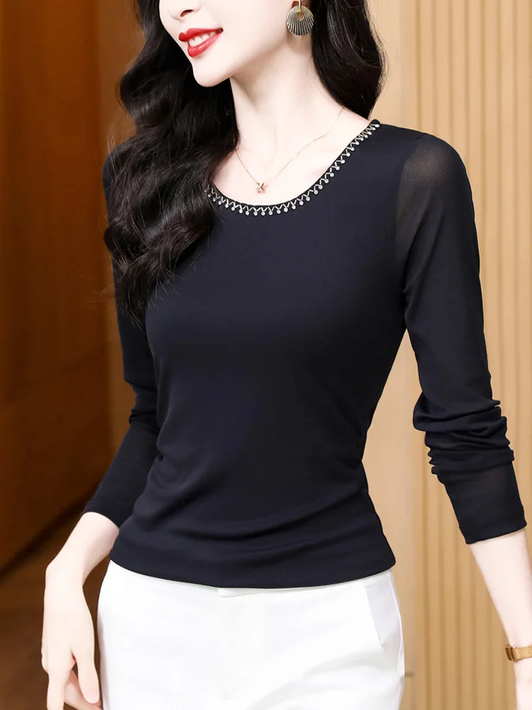 2025 All-match Solid Sheer Spring Summer Woman T-shirt Long Sleeve Tops Female O-neck Charming Embroidered Flares Thin Bottoming