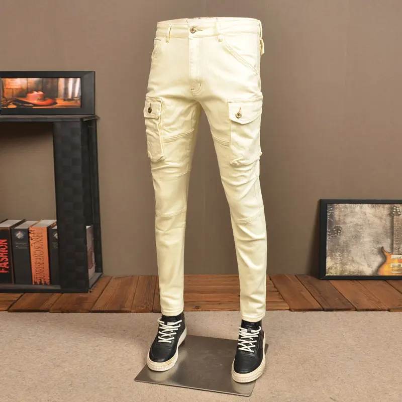 

Street Fashion Men Jeans Beige White Stretch Slim Fit Spliced Designer Biker Jeans Pocket Designer Hip Hop Denim Cargo Pants Men