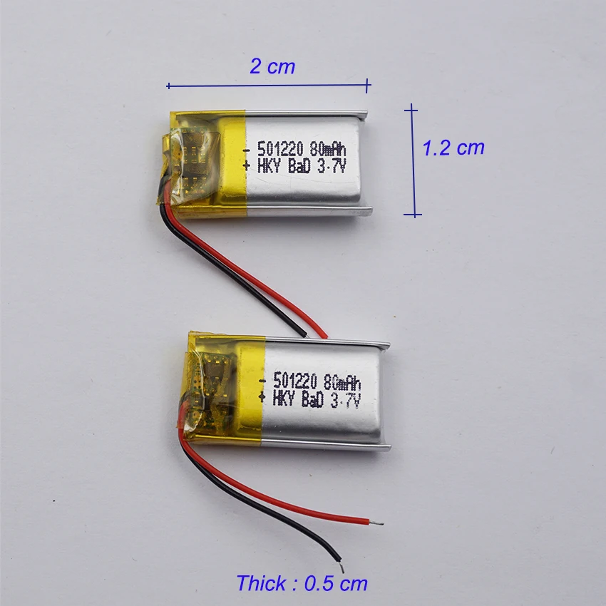 2pcs 3.7V 80mAh 0.296Wh Polymer Li Lithium Battery 501220 Lipo For Bluetooth Speaker Headphones GPS Sat Nav Driving Recorder Mp3