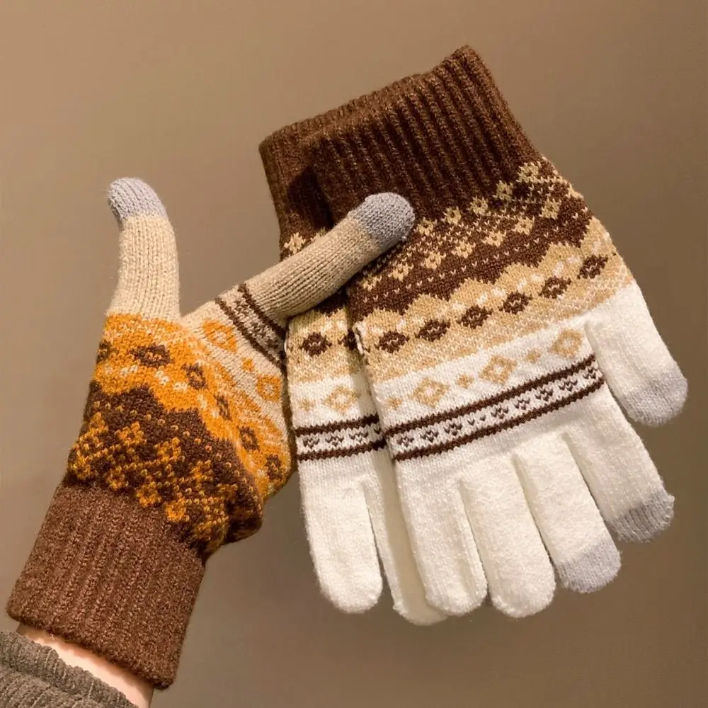 Guantes de punto de invierno estilo Fair Island para esquiar, guantes de lana con estampado rojo suave, guantes cálidos para ciclismo con pantalla táctil para mujer, otoño
